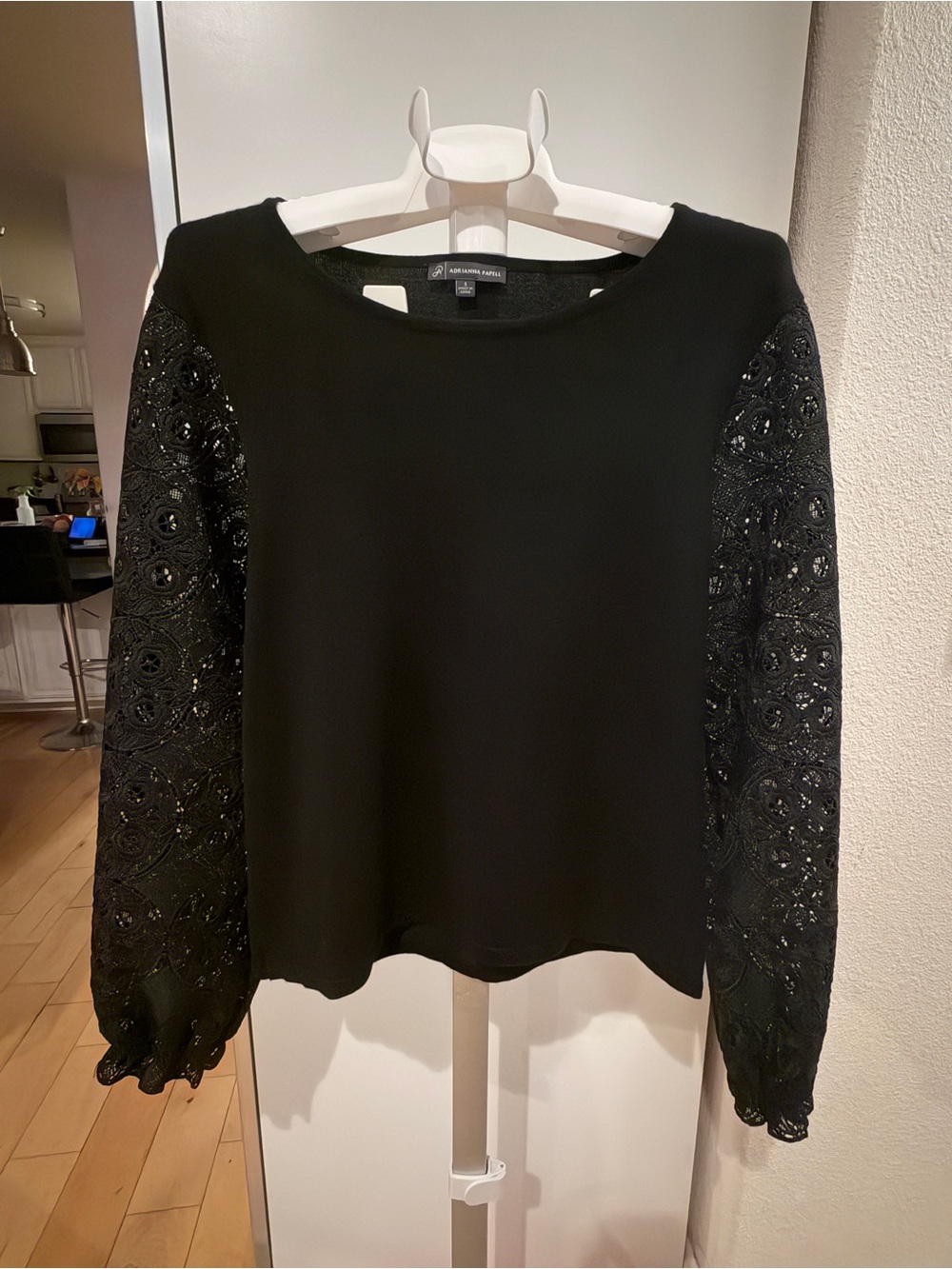 Adrianna Papell Black Lace Embroidered Sleeve Blouse